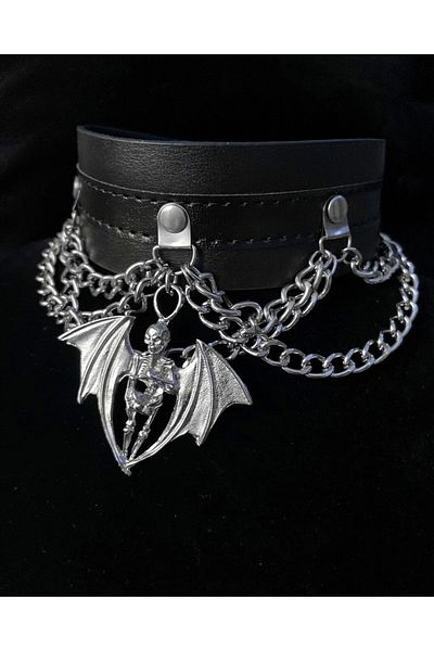DarkellaStore Punk Leather Chain Bat Skeleton Choker Neck Collar