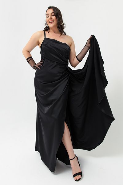 Lafaba Rochie de seară și rochie de absolvire din satin, neagră, cu un singur umăr