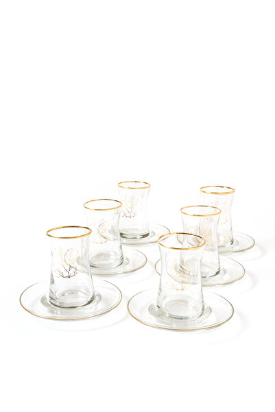 MEST 12 Parça 6 Kişilik Sade Gold El İşçiliği Hayat Ağacı Cam Çay Bardağı Seti – Doğanın Şıklığı