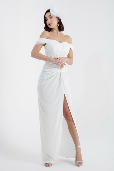 Lafaba Dámský bílý dvouřadý podšitý korzet s dlouhými třpytivými večerními šaty