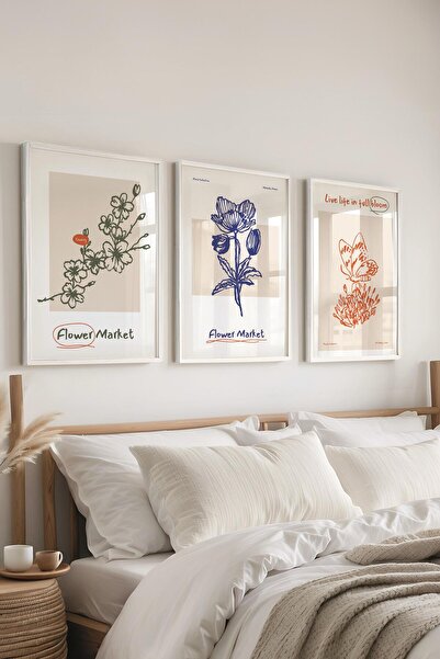 Postifull Çerçeveli Tablo Seti, 3 Adet Beyaz Çerçeve ve Minimalist Botanik Te...