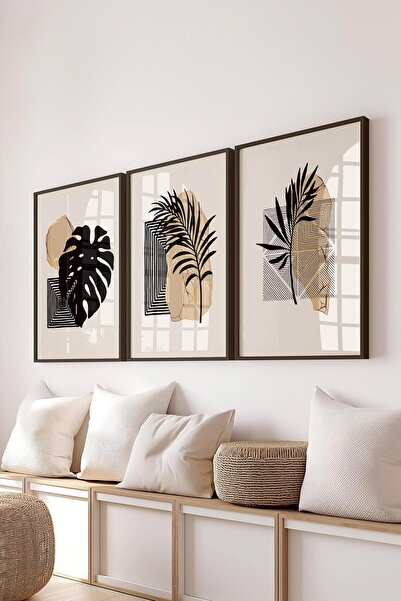 Postifull Çerçeveli Tablo Seti, 3 Adet Siyah Çerçeve ve Soyut Botanik Temalı ...