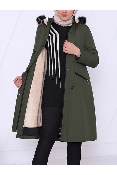Modamorfo Khakifarbener Bondit-Mantel – Kapuzenpullover mit Reißverschlusstasche