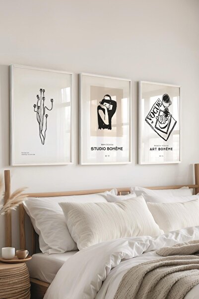 Postifull Çerçeveli Tablo Seti, 3 Adet Beyaz Çerçeve ve Minimalist Çizim Tema...