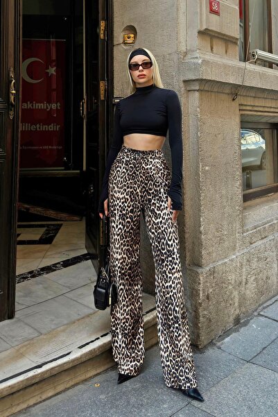 Swist Sárga Pix Leopard mintás zsebes redőzött, magas derekú női Palazzo nadrág