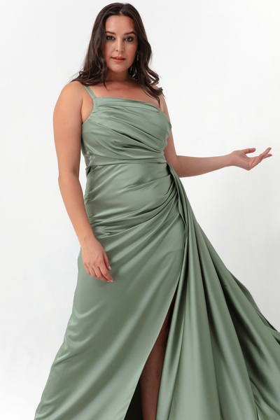 Lafaba Γυναικείο βραδινό φόρεμα και φόρεμα αποφοίτησης με πράσινο μέντα με έναν ώμο Plus Size Satin