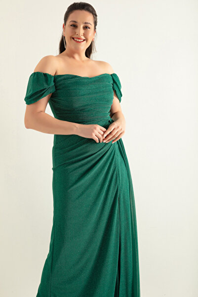 Lafaba Women's Emerald Green Boat Neck Draped Slit Long Silvery Evening Dress
