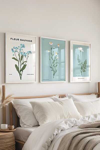 Postifull Çerçeveli Tablo Seti, 3 Adet Beyaz Çerçeve ve Minimalist Çiçekler T...