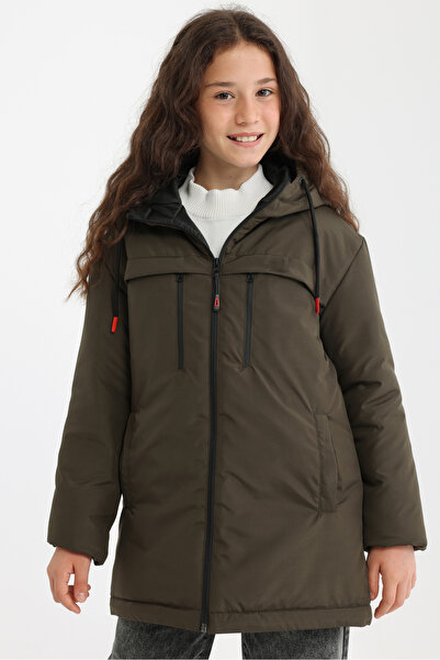 QAWWA Parka de iarnă pentru fete din fibră kaki cu glugă, rezistentă la vânt