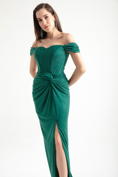 Lafaba Γυναικείο Σμαραγδένιο Πράσινο Βραδιινό Φόρεμα με Διπλό Φόδρα Κορσέ με Λεπτομερή Μακρύ Glitter