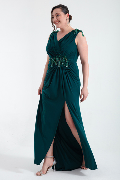 Lafaba Women's Emerald Green V-Neck Shoulders Stone Detail Large Size Long Evening Dress