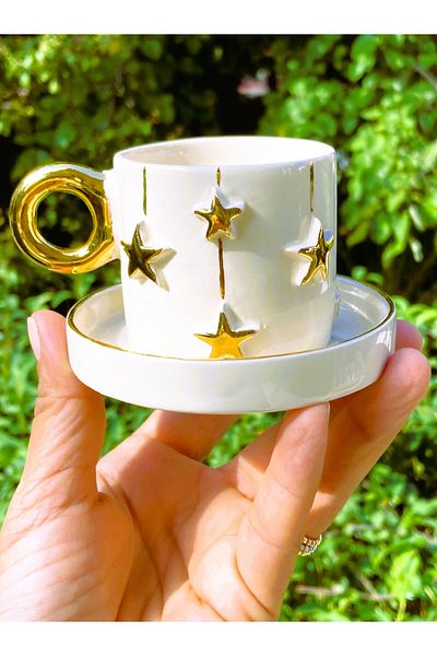 Monako Limited Edition Premium Quality 24 Carat Gold Detailed, Star Embossed, Handmade Turkish Coffee Cup 100 ml