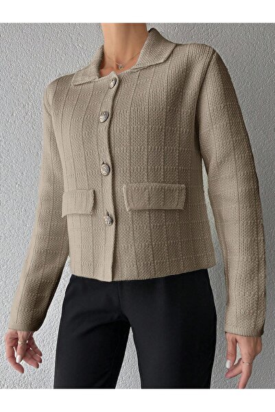 Puella Kadın Altın Düğmeli Cep Detaylı Blazer/Tüvit Crop Caket Kadın Hırka