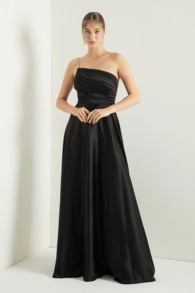 Lafaba Schwarzes, ausgestelltes, langes Satin-Abendkleid mit Steinträgern für Damen