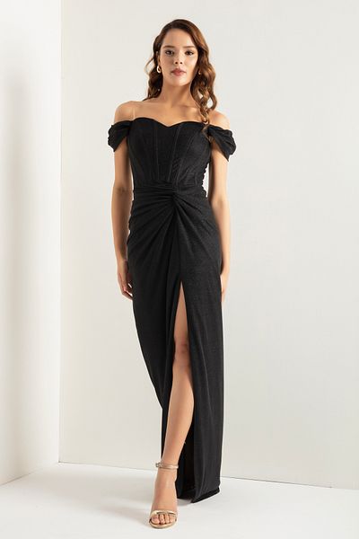 Lafaba Rochie de seară lungă argintie, neagră, dublu, căptușită, cu detaliu corset