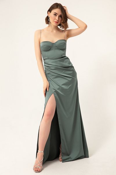 Lafaba Damen-Abendkleid aus türkisfarbenem Stein mit Riemen und Schlitz, langes Satin-Abendkleid