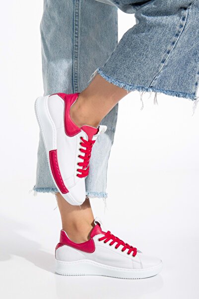 ANALİN SHOES Women's Genuine Leather Lace-Up Sneakers White/Fuchsia