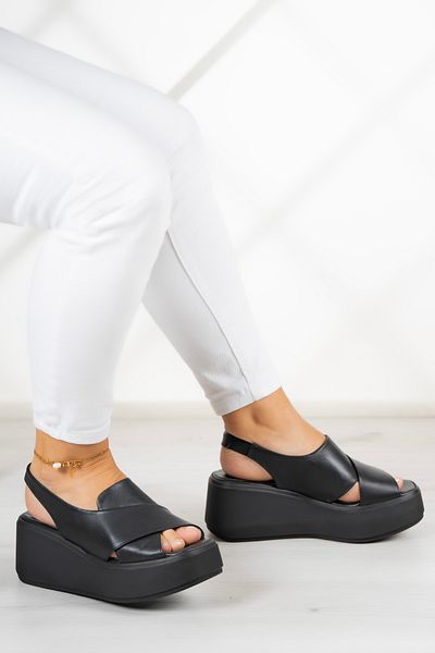 Erkan Saçmacı Black Genuine Leather - Wedge Heeled Olivia Sandals