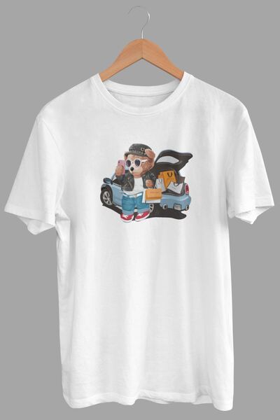 DK DAKSEL تي شيرت نسائي أبيض اللون أساسي لتسوق سيارات تيدي بير