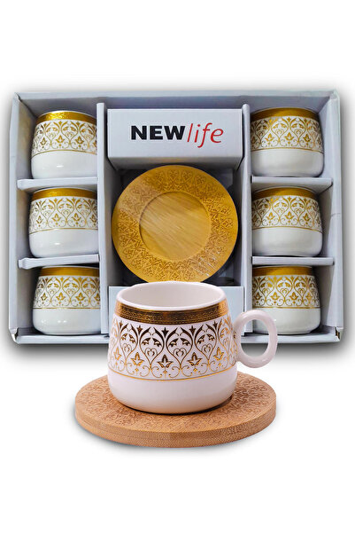 TrendHediye Newlife 6 Kişilik Renkli Bambu Tabaklı Yaldızlı Kahve Fincan Takı...