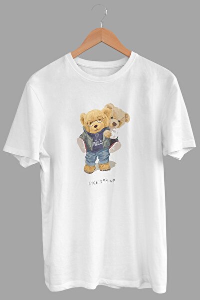 DK DAKSEL Beyaz Renk Basic Lift You Up Teddy Bear Baskılı Kadın Tişört
