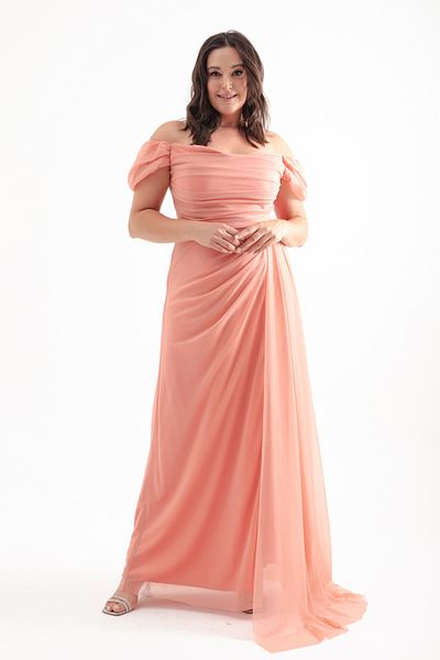 Lafaba Salmon Color Draped and Slit Long Glitter Women's Evening Dress