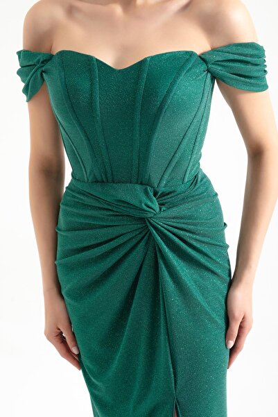 Lafaba Γυναικείο Σμαραγδένιο Πράσινο Βραδιινό Φόρεμα με Διπλό Φόδρα Κορσέ με Λεπτομερή Μακρύ Glitter