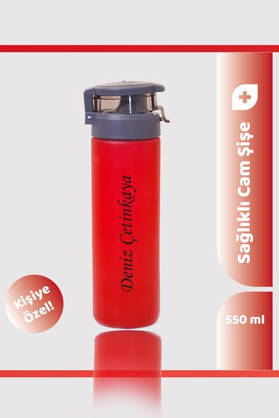TrendHediye 550ML Kilitli Kapak Kırmızı Renkli Cam Şişe Kişiye Özel Matara & ...