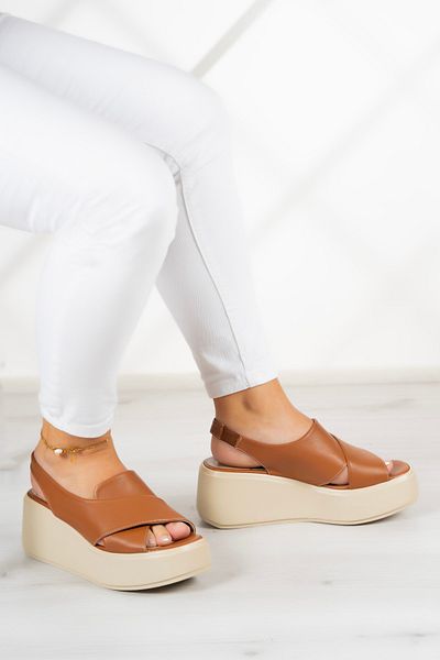 Erkan Saçmacı Olivia Tan - Genuine Leather Wedge Heeled Sandals