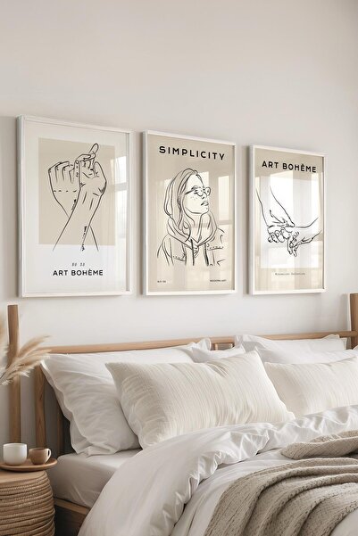 Postifull Çerçeveli Tablo Seti, 3 Adet Beyaz Çerçeve ve Minimalist Çizim Tema...