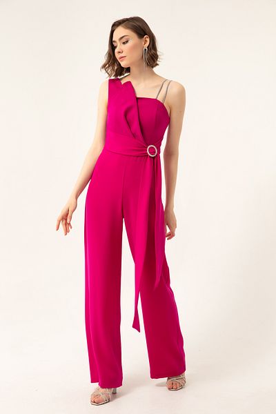 Lafaba Pflaumenfarbener Abendkleid-Overall mit One-Shoulder-Stein für Damen