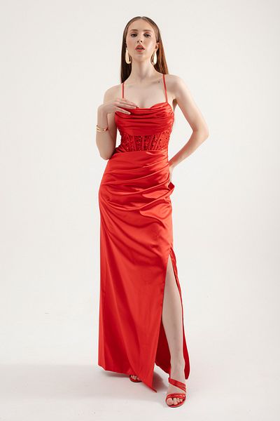 Lafaba Red Thin Strap Drape Women's Long Evening Dress