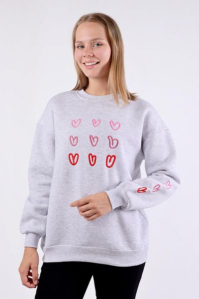 Rays 9175m - Crew Neck and Heart Embroidery Grey Sweat