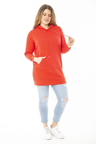 Şans Women's Large Size Red Ribbon Inside Two Thread Hooded Sweatshirt 65N37160