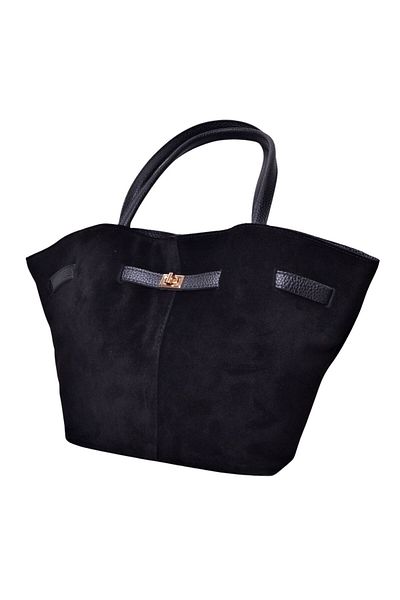 İskarpin Real Suede Black Leather Women's Long Strap Magnet Closure Hand and Shoulder Bag
