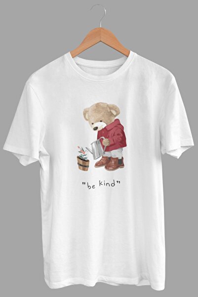 DK DAKSEL تي شيرت نسائي أبيض اللون كبير الحجم مطبوع عليه تيدي بير