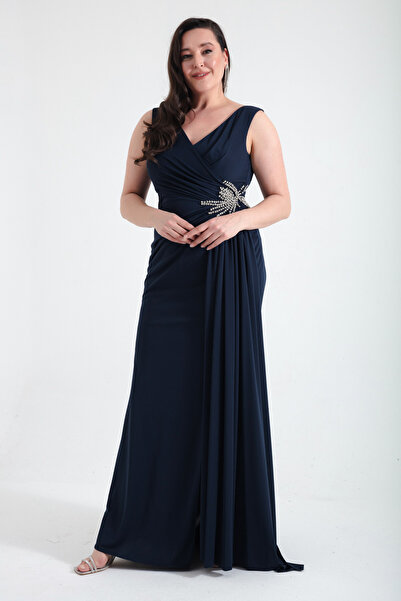 Lafaba Női sötétkék duplasoros galléros ékköves molett estélyi ruha