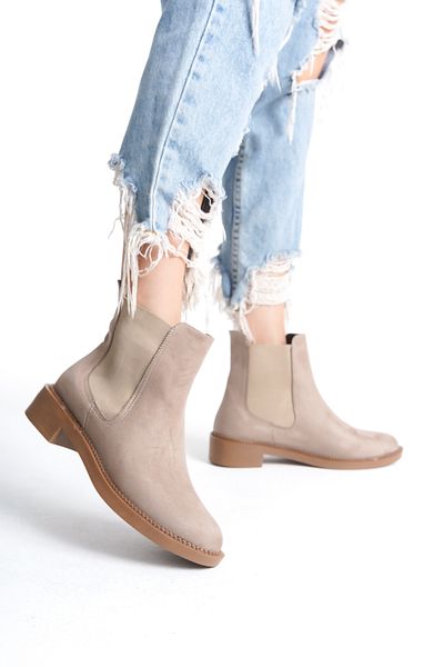 Santamarina Γυναικεία Vanessa Beige Suede Rubber Λεπτομερή κοντά μποτάκια