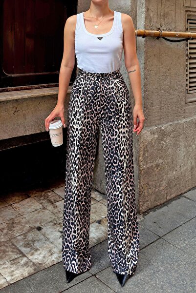 Swist Vizon Pix Leopar Desenli Cepli Pileli Yüksek Bel Kadın Palazzo Pantolon