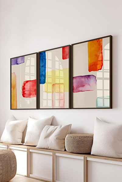 Postifull Çerçeveli Tablo Seti, 3 Adet Siyah Çerçeve ve Soyut Temalı Poster S...