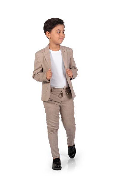 Mnk Baby&Kids Ekose Desen Spor Erkek Çocuk Ceket, Tişört , Jogger Pantolonlu Takım MNK0549 KAHVERENGİ