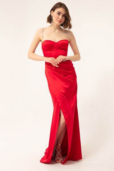Lafaba Damen-Abendkleid aus rotem Stein mit Trägern und Schlitz, langes Satin
