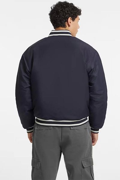 Guess Jeans Men's Logo Navy Blue Bomber Jacket with Snap Fasteners