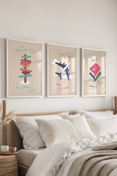 Postifull Çerçeveli Tablo Seti, 3 Adet Beyaz Çerçeve ve Minimalist Çizim Temalı Poster Seti, No:300534