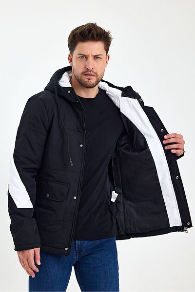 Avones Men's Woven Fabric Hooded Puffer Coat with Front Cover, Snap Fasteners and Zipper