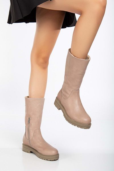 ANALİN SHOES Γυναικείες μπότες από γνήσιο δέρμα σε χρώμα πέτρας - με γούνα εσωτερικά, φερμουάρ