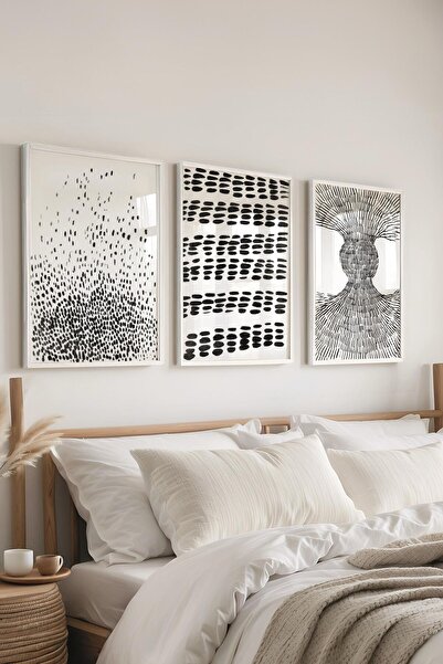 Postifull Çerçeveli Tablo Seti, 3 Adet Beyaz Çerçeve ve Siyah Beyaz Soyut Tem...