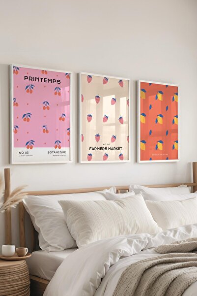 Postifull Çerçeveli Tablo Seti, 3 Adet Beyaz Çerçeve ve Pastel Temalı Poster Seti, Duvar Tablosu No:300452