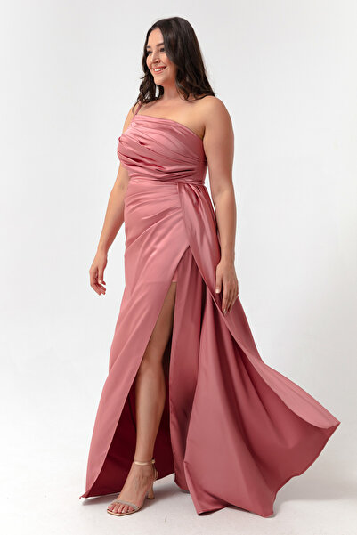 Lafaba Women's Powder One-Shoulder Plus Size Satin Evening Dress & Graduation Dress