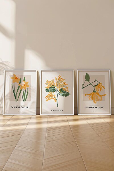 Postifull Çerçeveli Tablo Seti, 3 Adet Beyaz Çerçeve ve Minimalist Botanik Temalı Poster Seti, No:300477